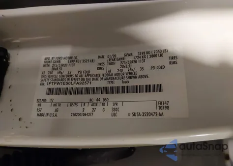 2020 Ford F-150 Xl z USA, uszkodzony, nr VIN 1FTFW1E50LFA92571